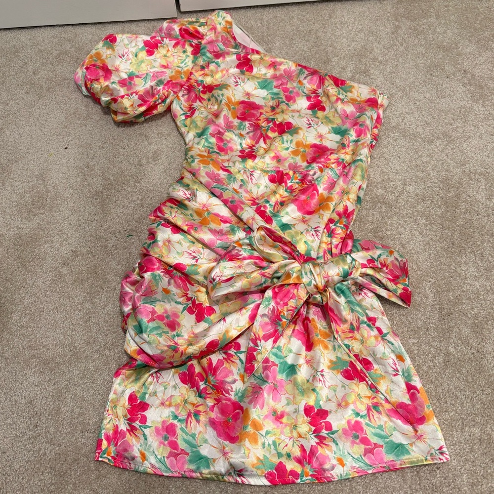 Floral One Shoulder Mini Dress XS Ruched Tie Waist Pink - Picture 3 of 7